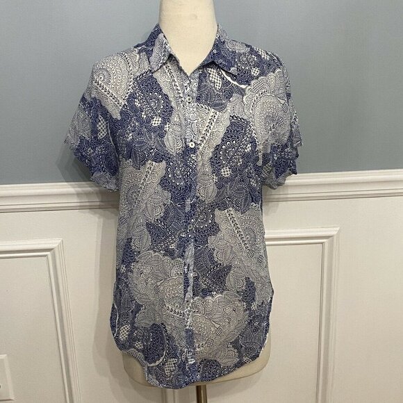 Weston Tops - Weston USA Blouse Button Front Collar Stencil